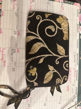 Vera Bradley Black and Gold Floral Quilted Wristlet Clutch